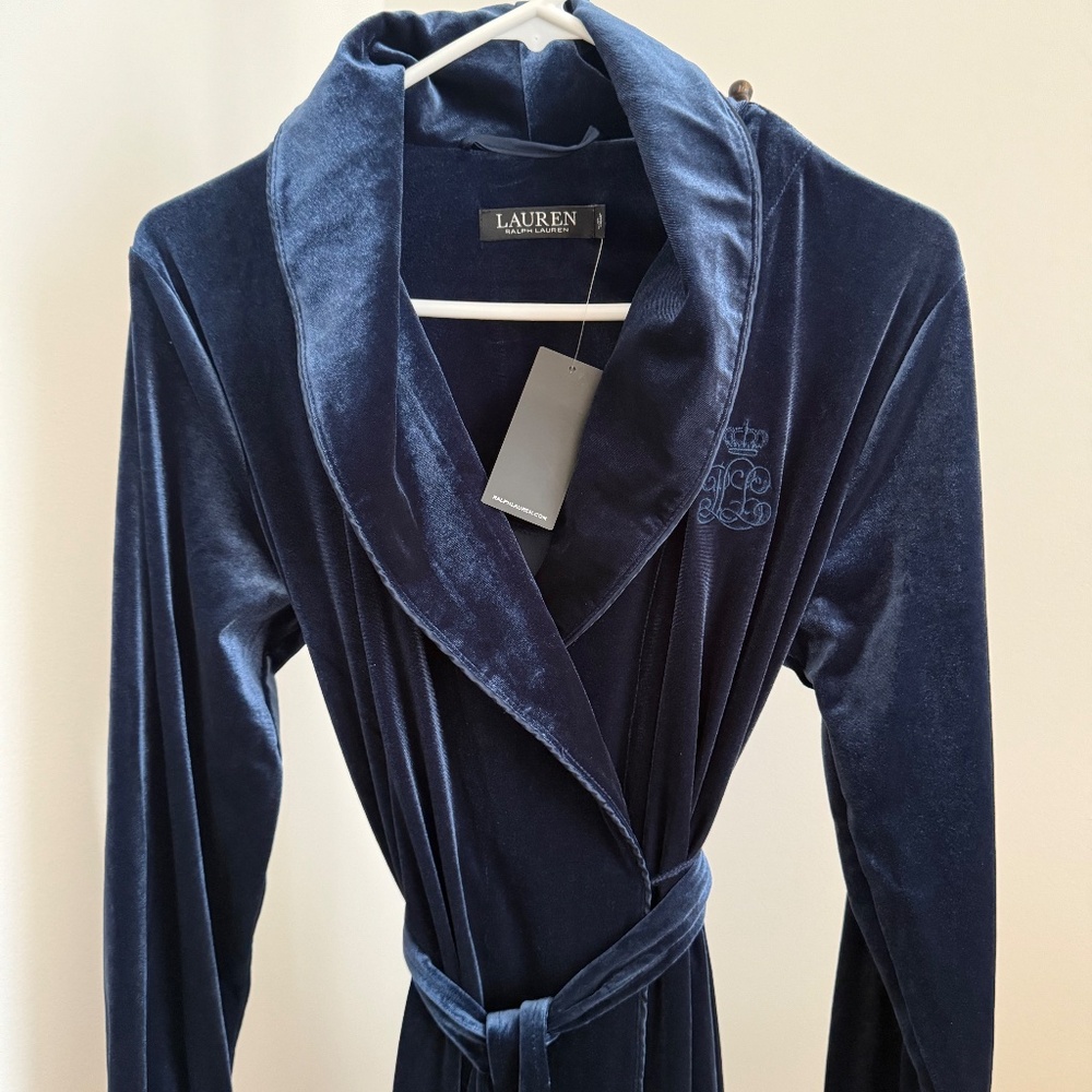 New Polo Ralph Lauren Navy Women's Velvet Shawl Collar Long Robe Small S
